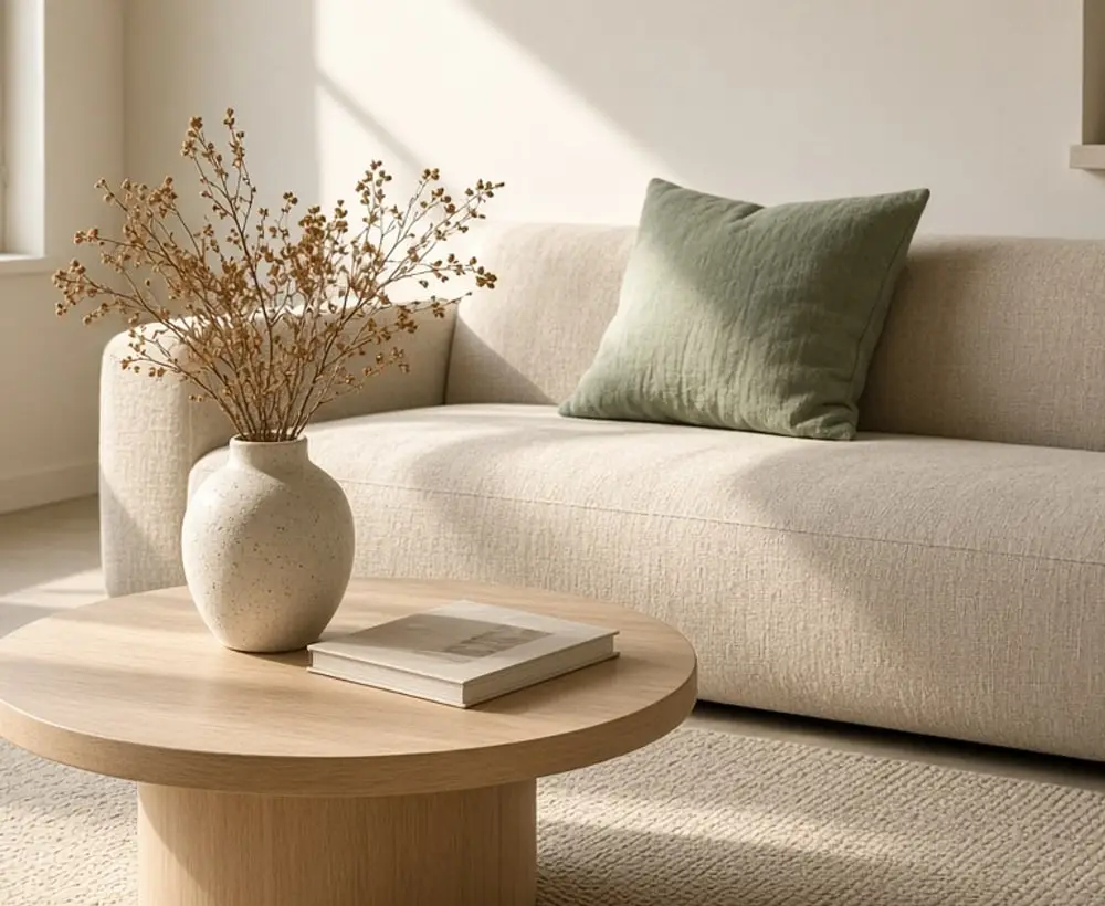 A cream living room with an oatmeal sofa and a round oak coffee table
