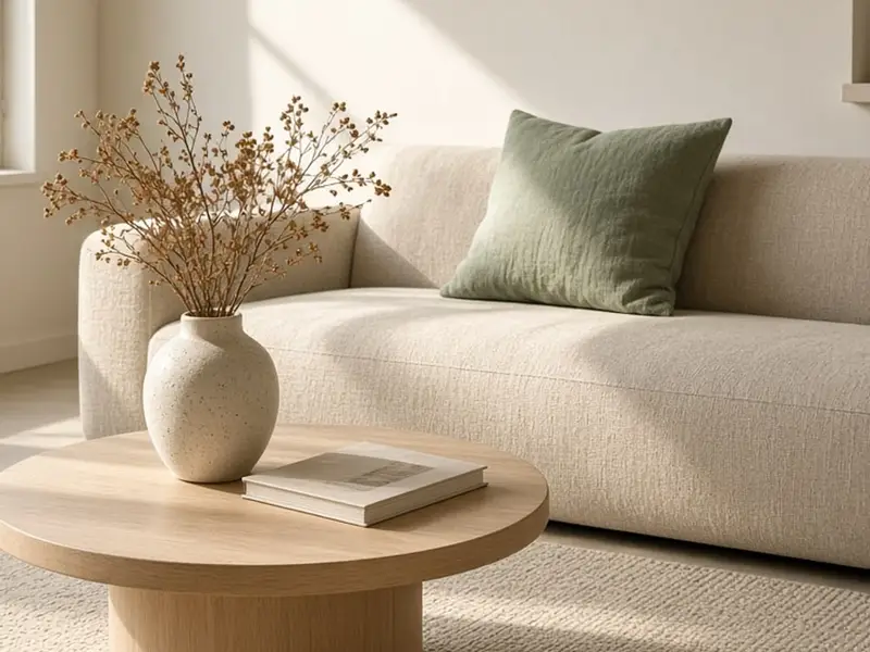 A cream living room with an oatmeal sofa, a round oak coffee table, and a sage pillow in afternoon light