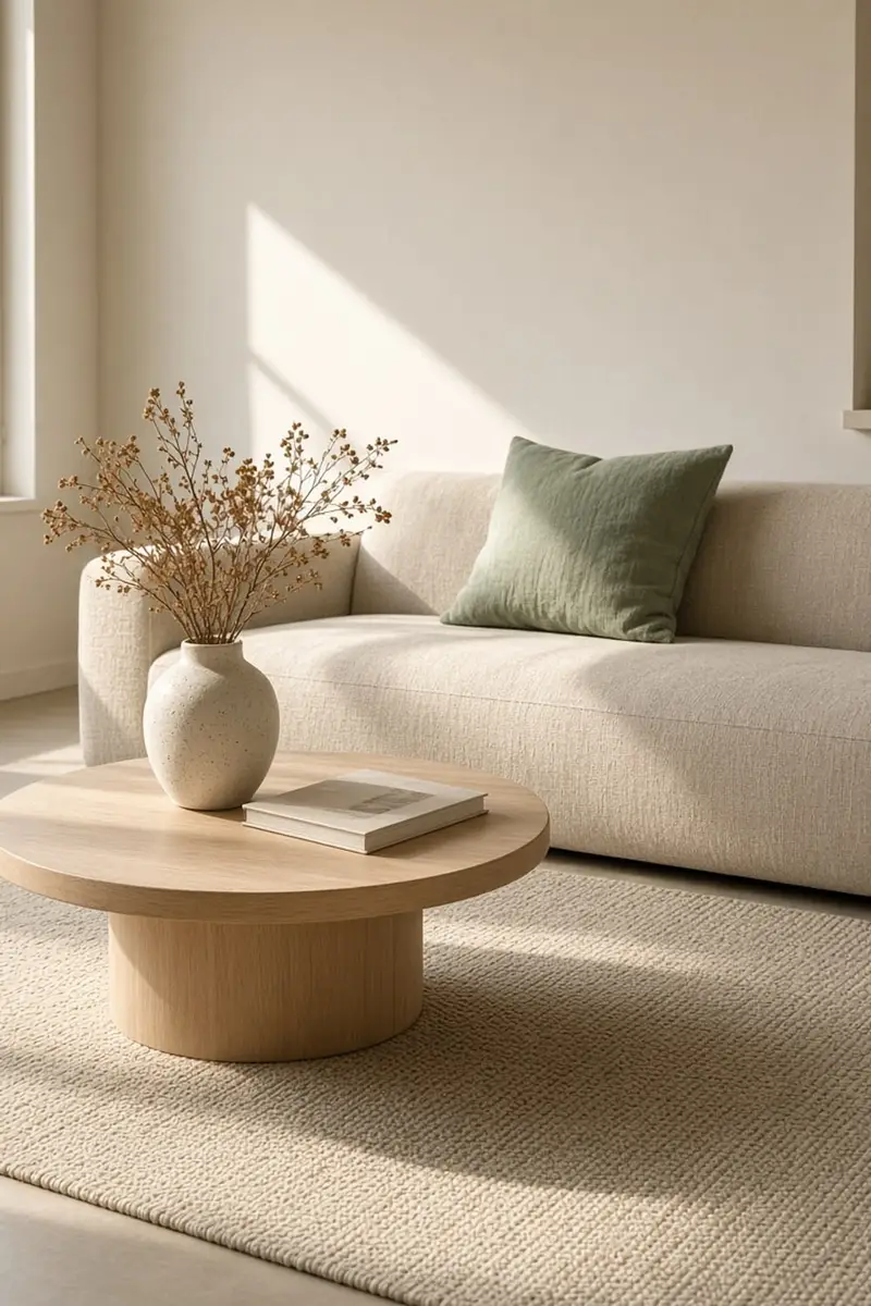 A cream living room with an oatmeal sofa, a round oak coffee table, and a sage pillow in afternoon light