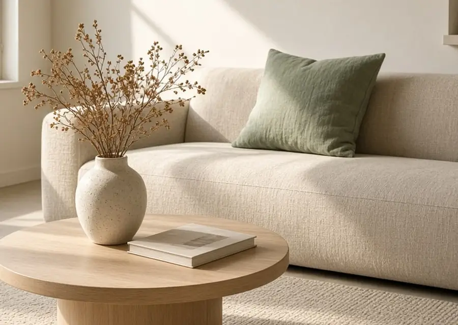 A cream living room with an oatmeal sofa, a round oak coffee table, and a sage pillow in afternoon light