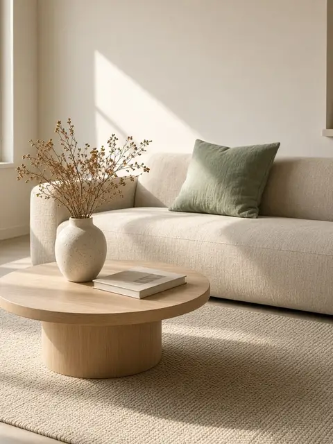 A cream living room with an oatmeal sofa and a round oak coffee table