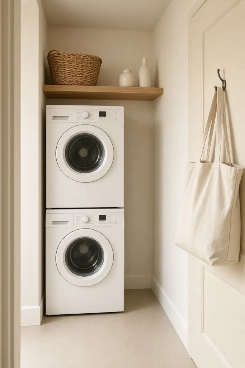 A narrow laundry nook with stacked machines, one wood shelf, and a clear floor