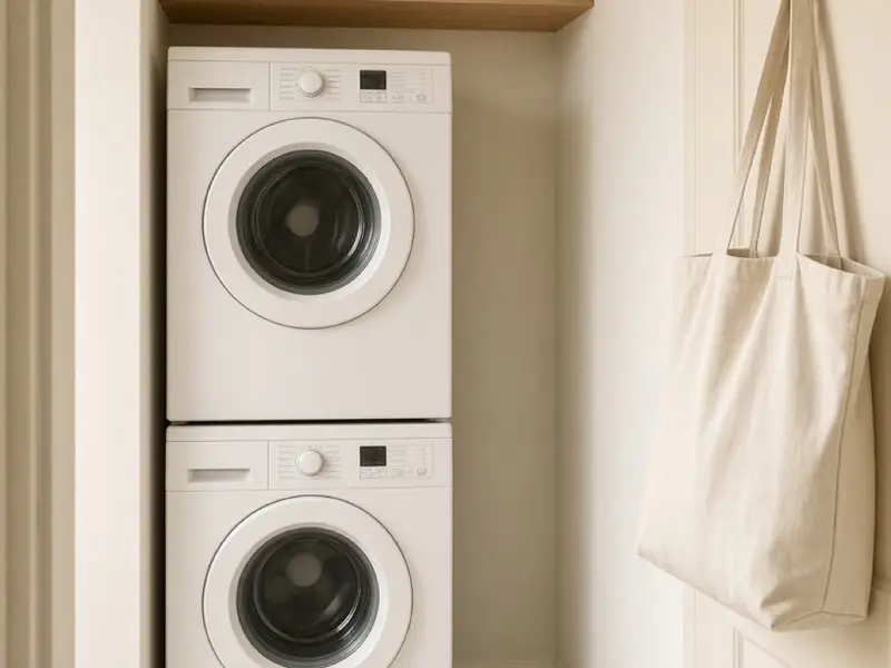 A narrow laundry nook with stacked machines, one wood shelf, and a clear floor