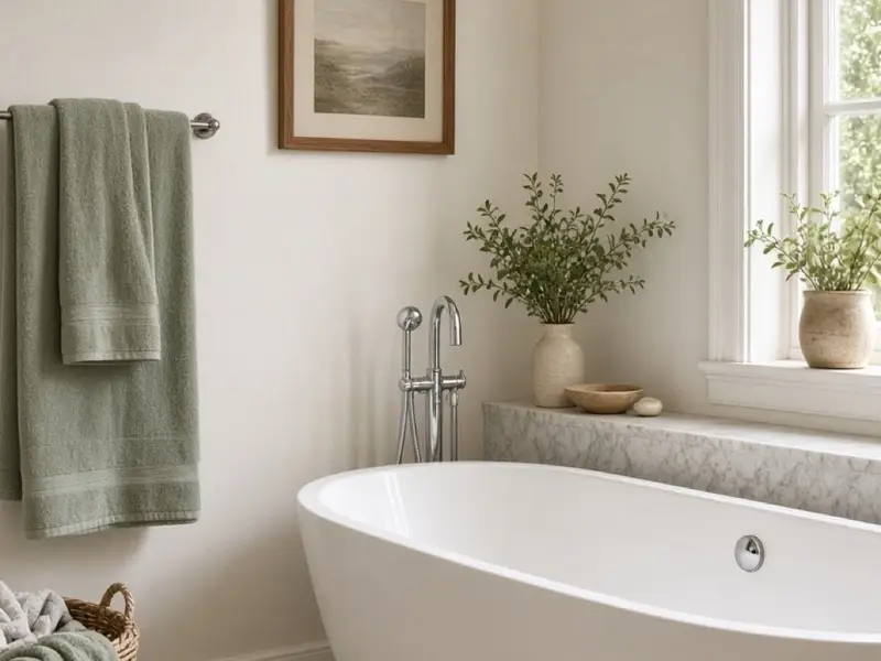 A bathroom with warm white walls, a white tub, and sage towels