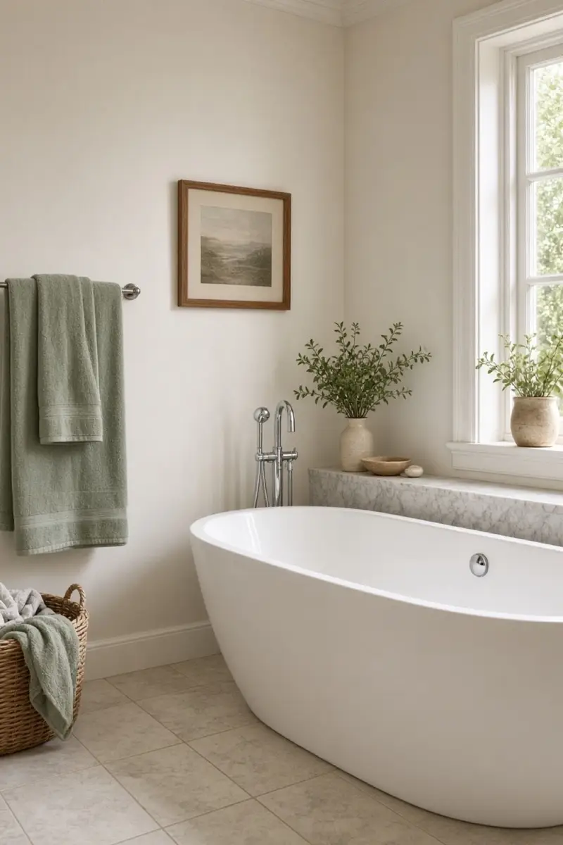 A bathroom with warm white walls, a white tub, and sage towels