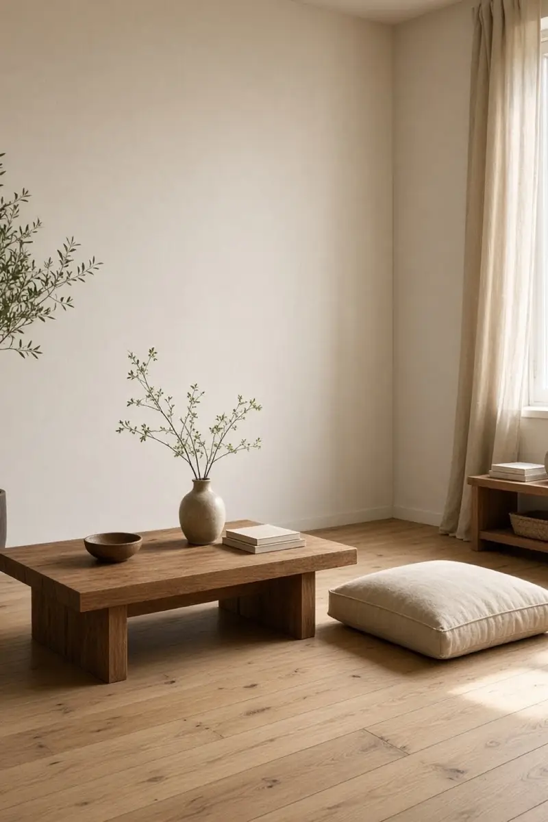 A small apartment with a low wood table, one floor cushion, and a clear floor