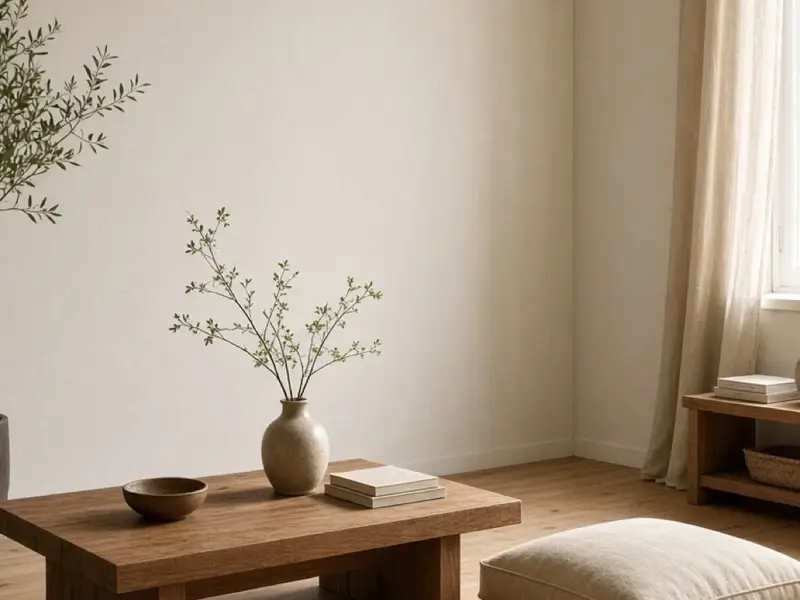 A small apartment with a low wood table, one floor cushion, and a clear floor