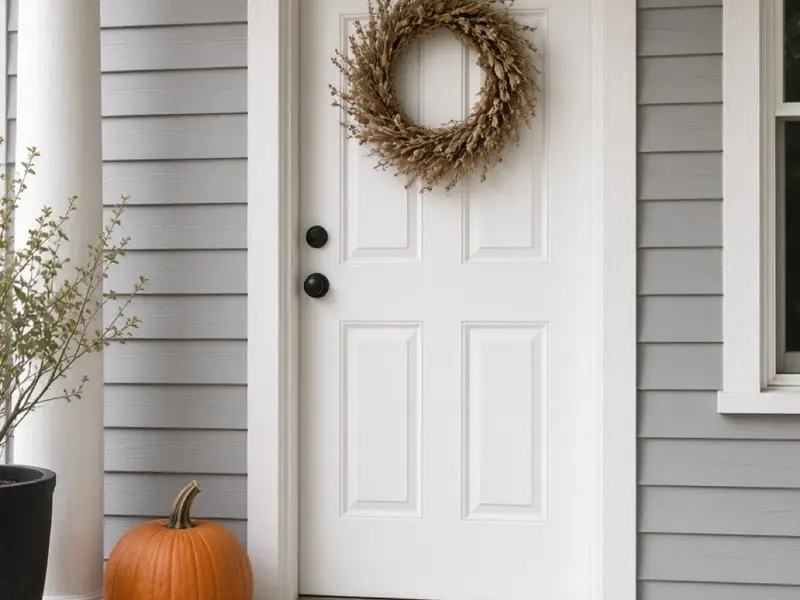 A small porch with one pumpkin, a coir mat, and a simple wreath