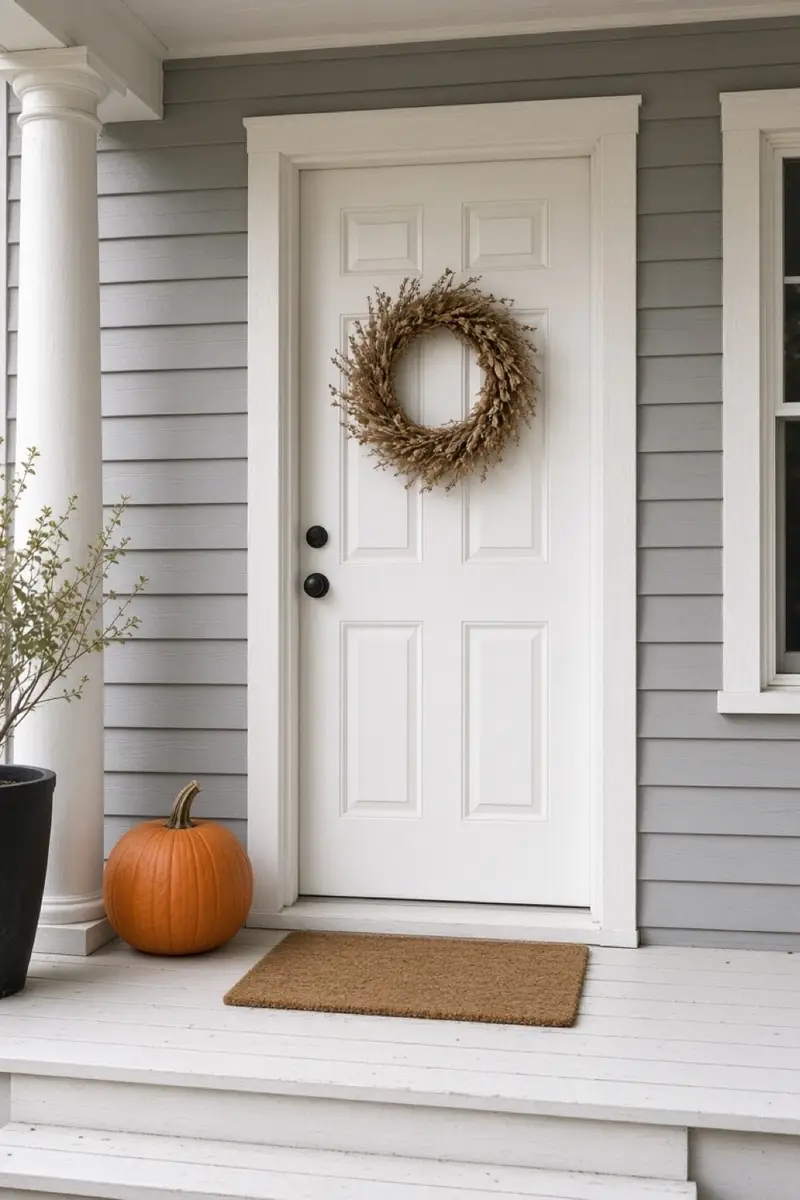 A small porch with one pumpkin, a coir mat, and a simple wreath