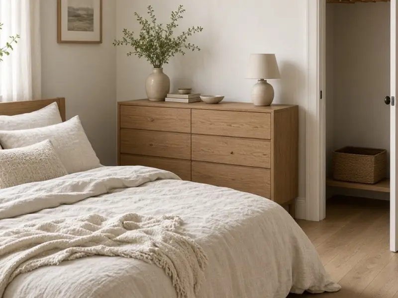 A cream bedroom with a linen bed, one oak dresser, and a closet door standing open