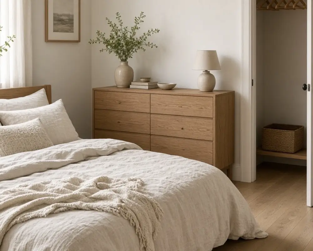 A cream bedroom with a linen bed, one oak dresser, and a closet door standing open