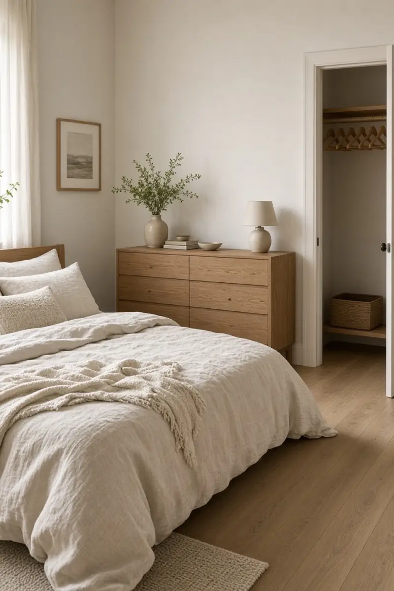 A cream bedroom with a linen bed, one oak dresser, and a closet door standing open