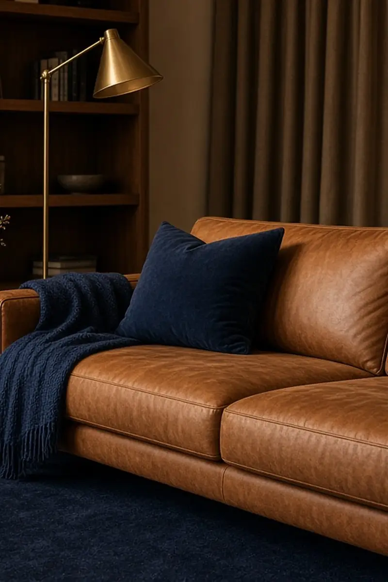 An illustrated north-facing living room with a brown sofa, a navy rug, and a walnut table