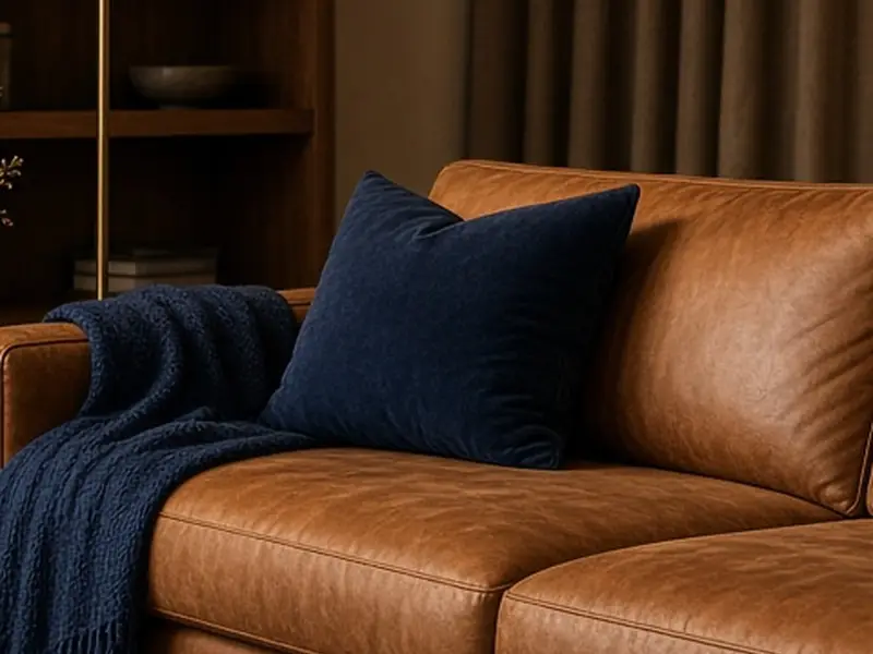 An illustrated north-facing living room with a brown sofa, a navy rug, and a walnut table