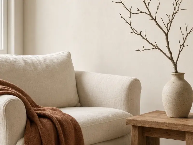 A cream sofa with one rust throw and a branch in a simple vase