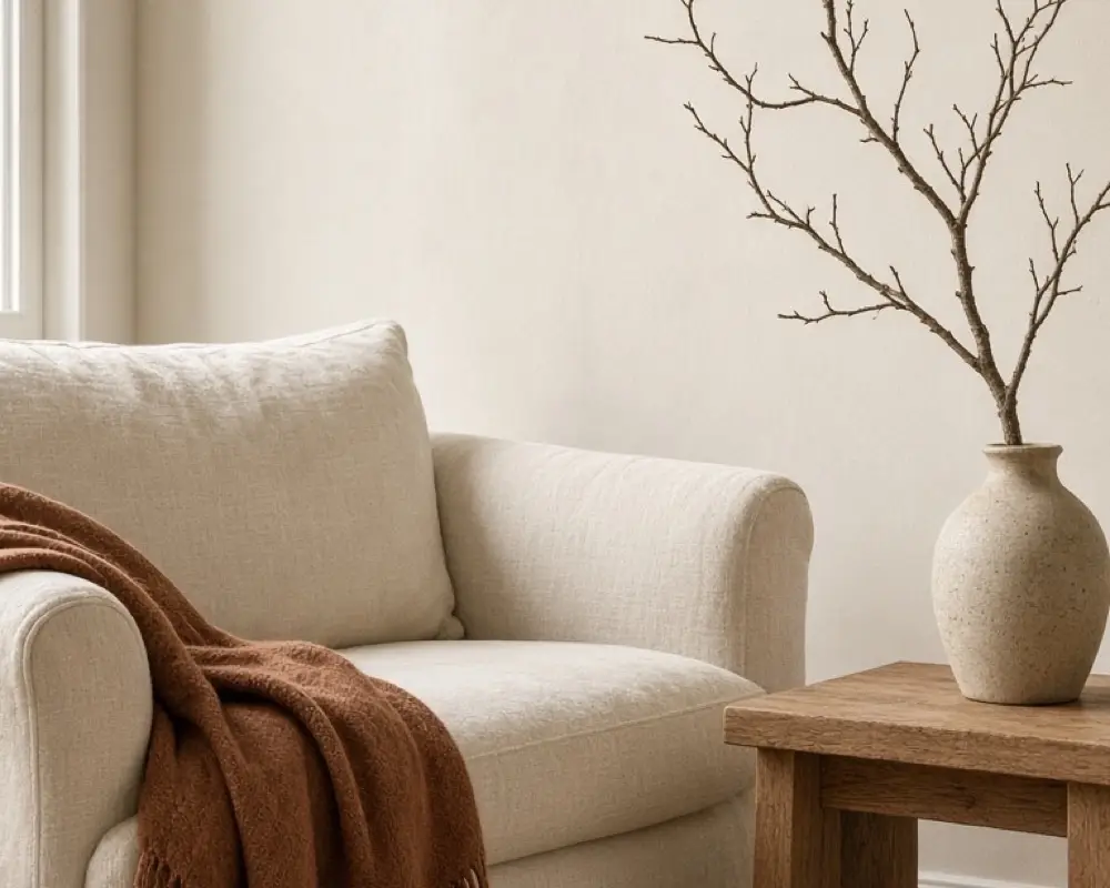 A cream sofa with one rust throw and a branch in a simple vase
