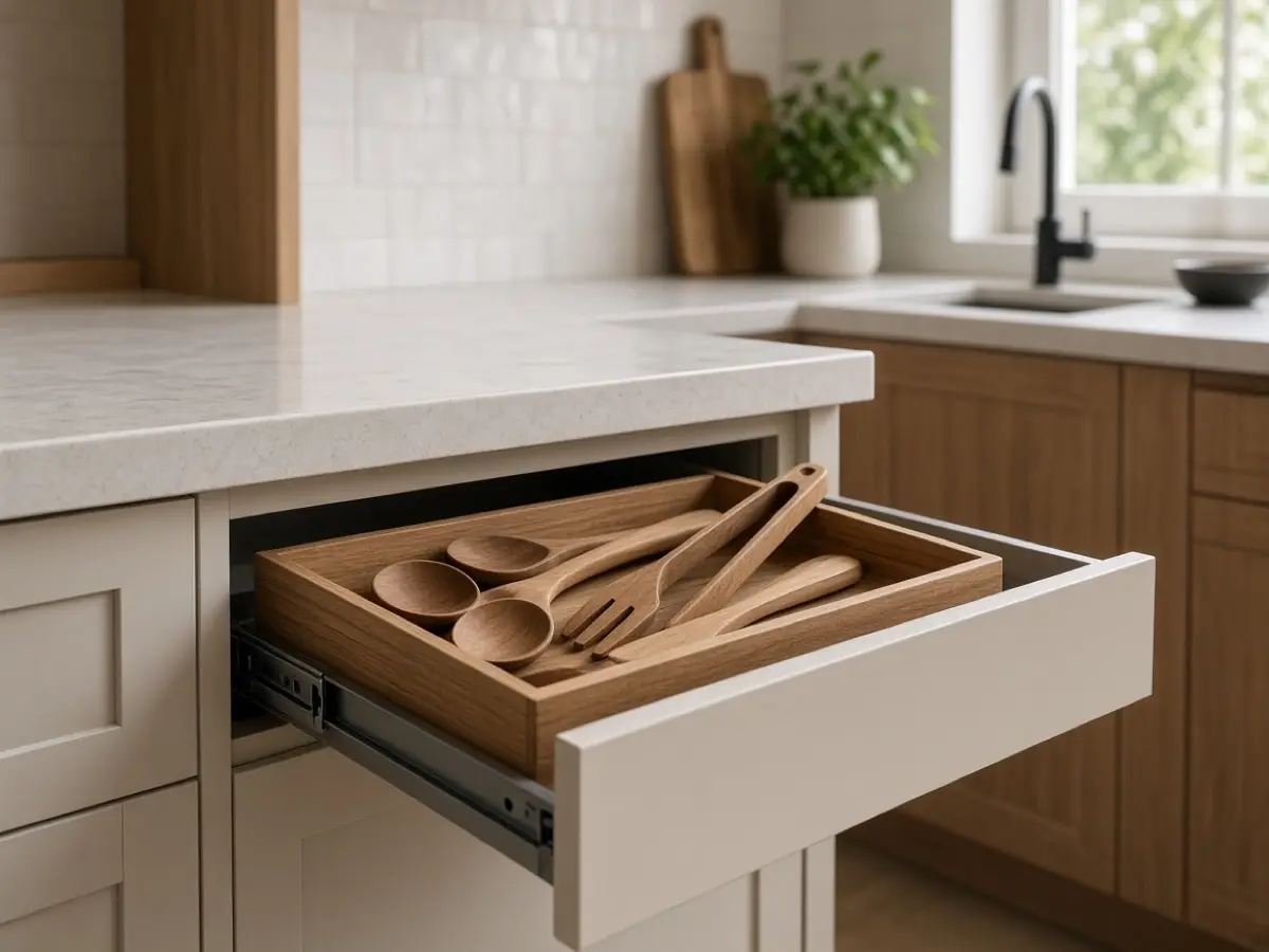 A hip-height kitchen drawer with a tray of wooden spoons and tongs