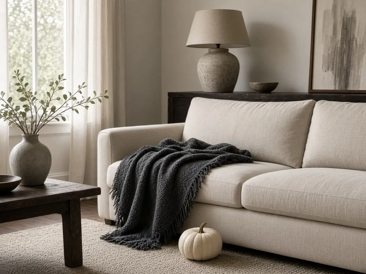 A charcoal throw folded on an oatmeal sofa beside one small pumpkin