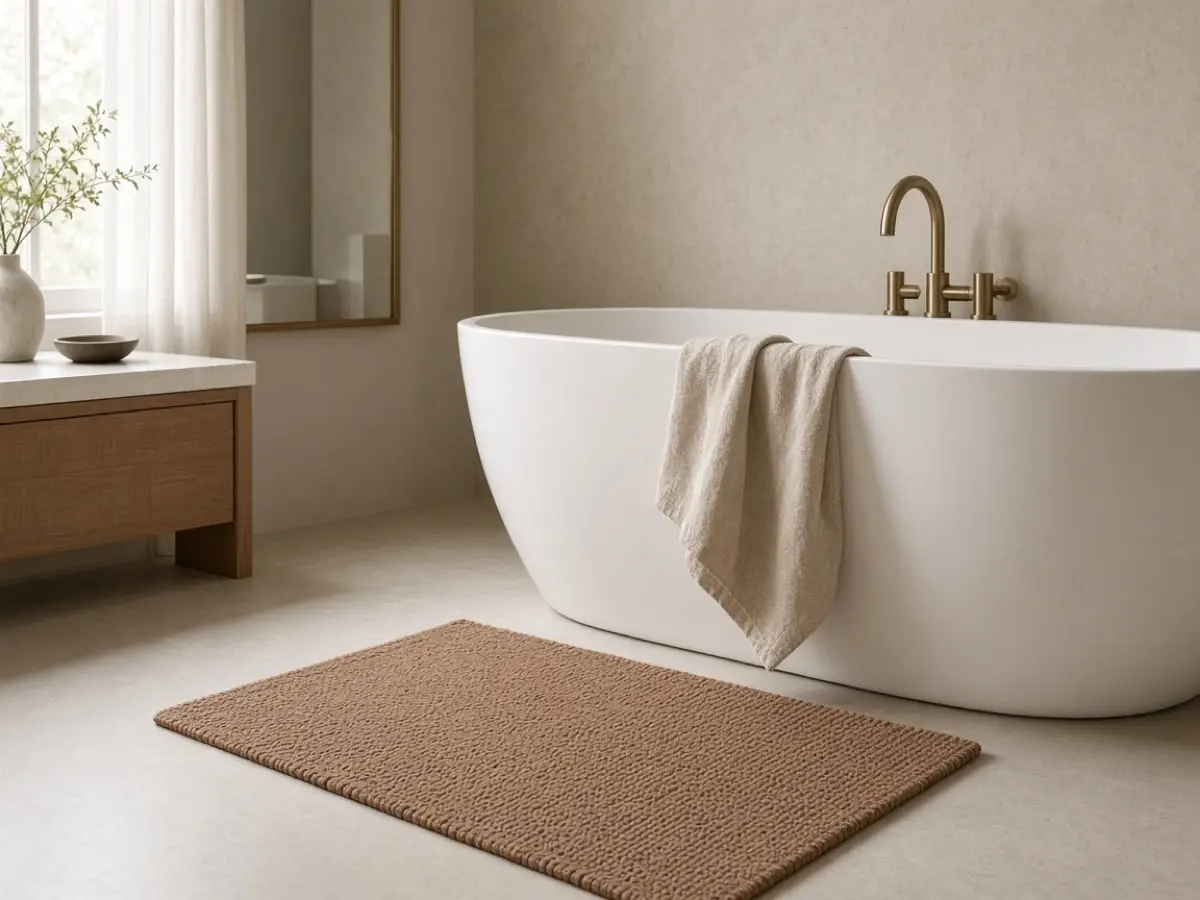 A clay-colored bath mat in front of a white tub, floor slightly deeper