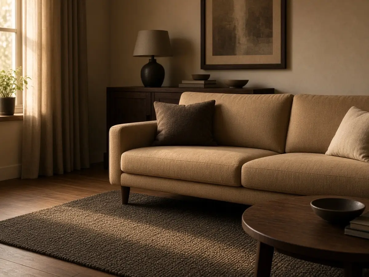 A darker brown rug under the front legs of a camel sofa