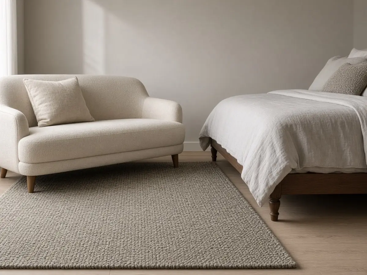 A rug under a loveseat that stops before the bed