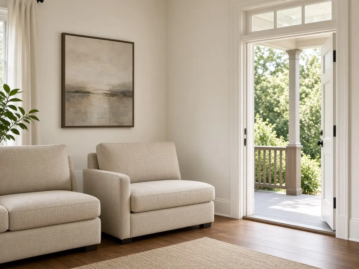 A sectional in two pieces beside a doorway wide enough to pass