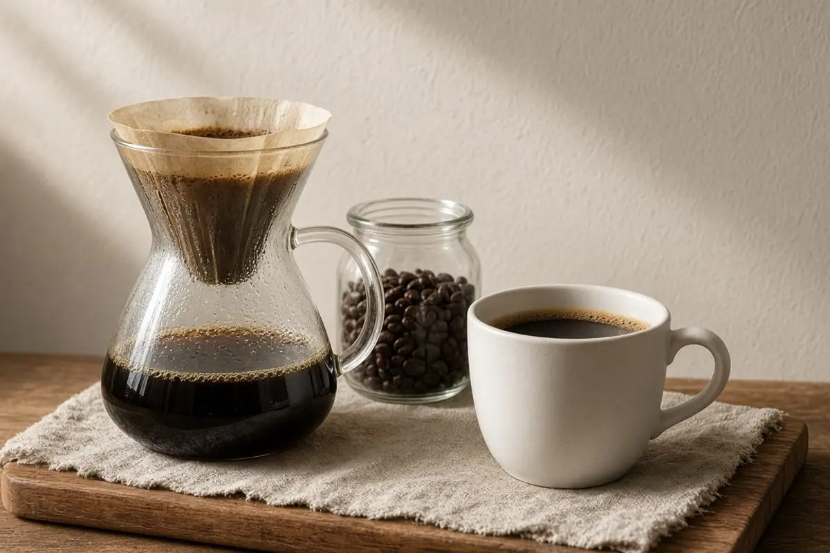 A glass carafe, a white cup, and a jar of coffee beans on a wooden tray
