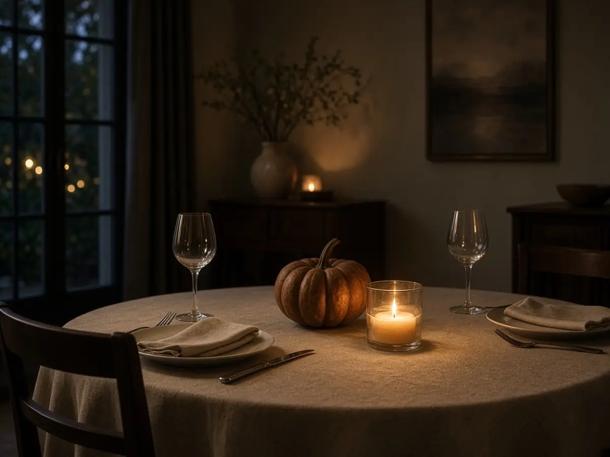 A dining table set for two with a low pumpkin and a glass candle