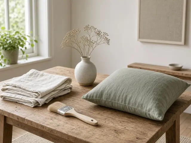 Linen, a brush, and a ceramic vase laid out for a weekend styling project