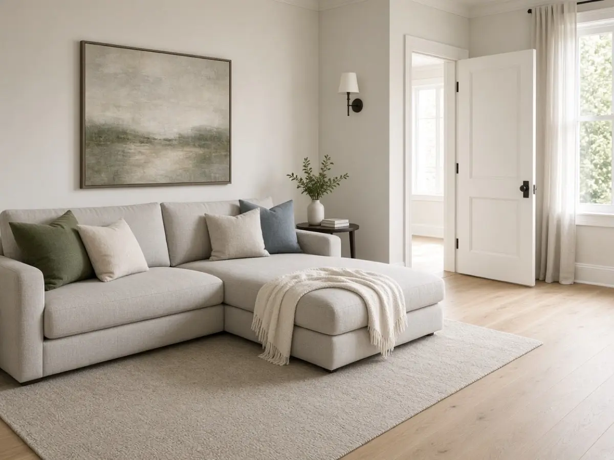 An L-shaped sofa return that stops short of an open living room door