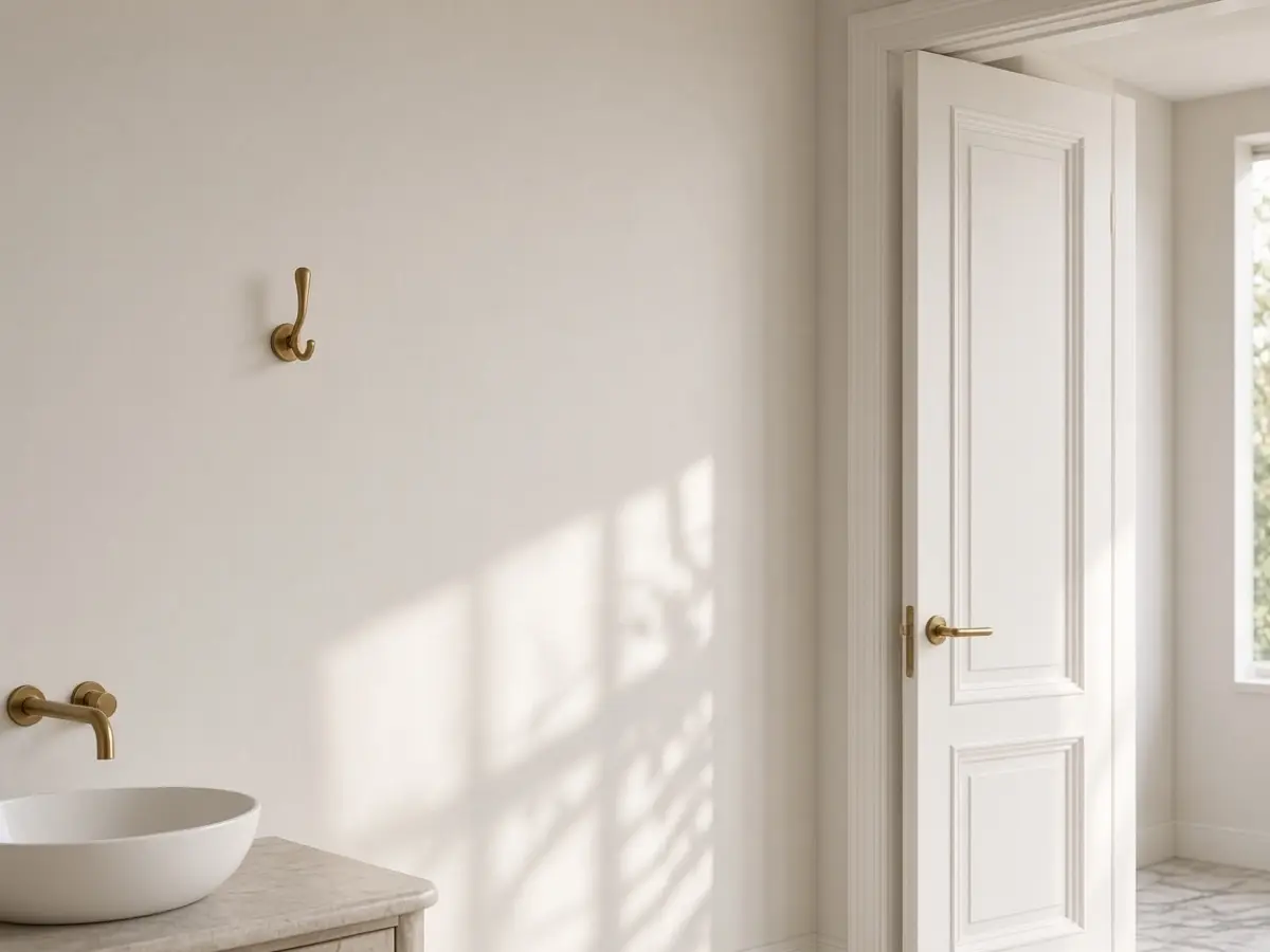 A single wall hook in a powder room clear of the open door