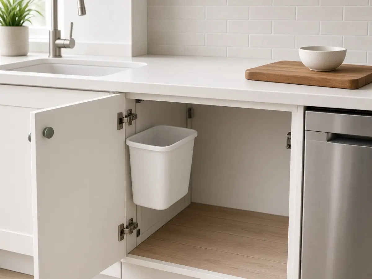 A small trash can on the inside of a sink cabinet door