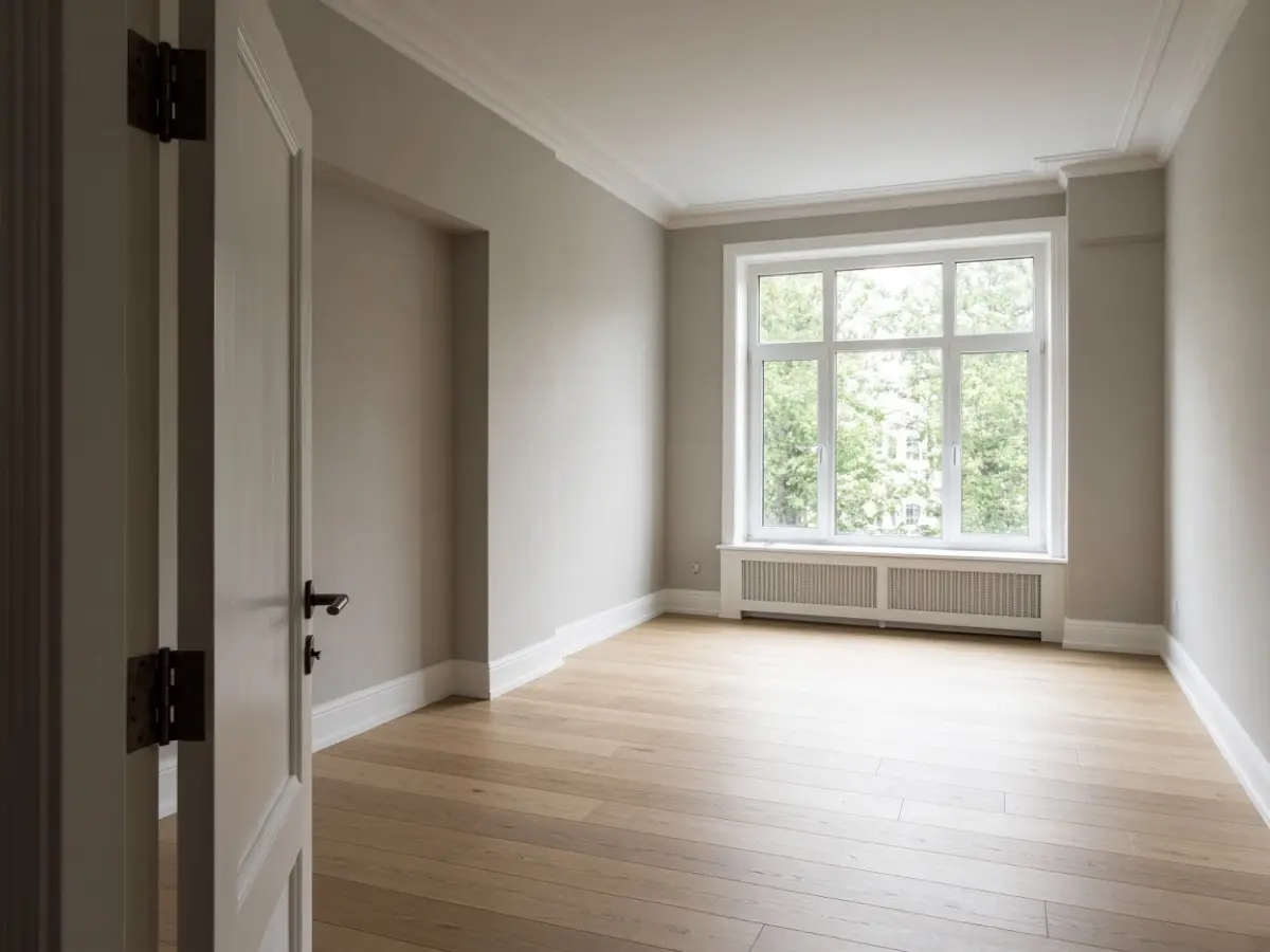 A doorway view of a calm apartment with floor and window both visible
