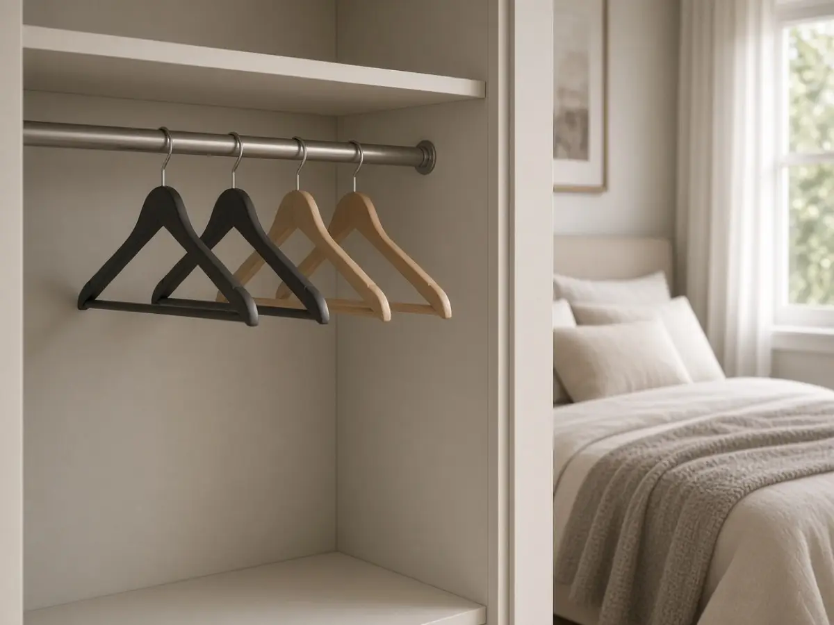 Four empty hangers on a cleared section of a closet rod