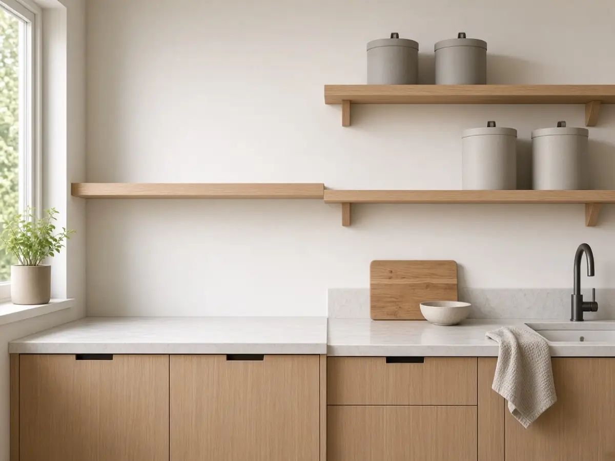An eye-level kitchen shelf left empty beside full shelves