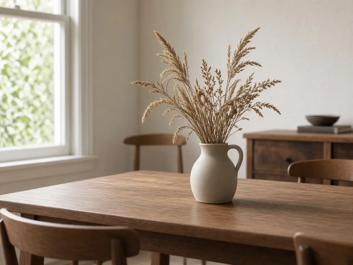 Dried stems in a plain ceramic pitcher on a dining table