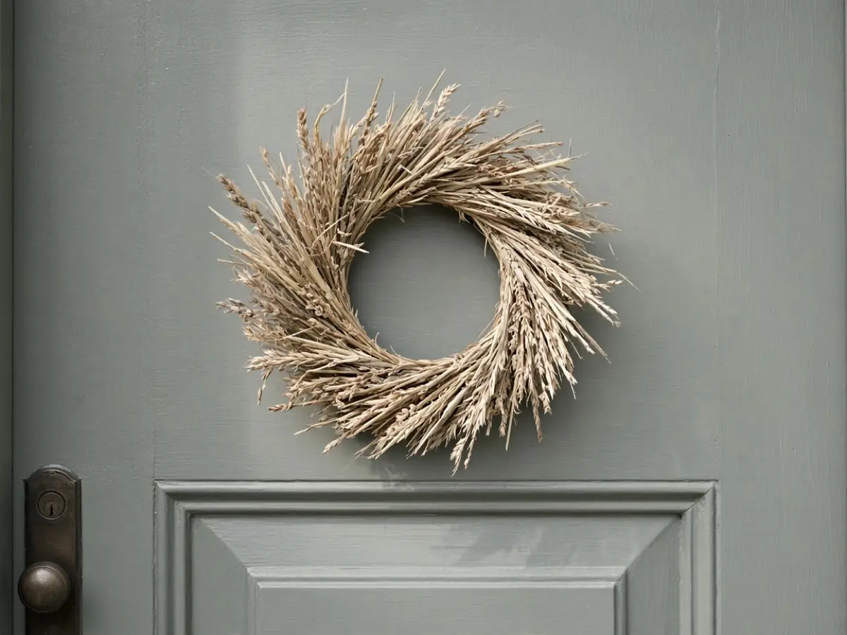 A simple dried wreath hung at eye height on a front door