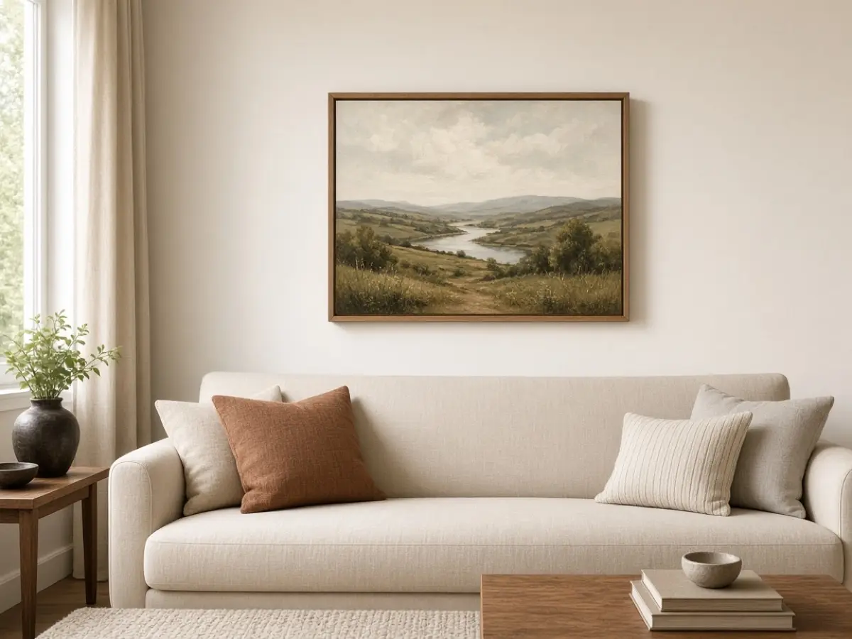 A framed print centered about eye level on a living room wall