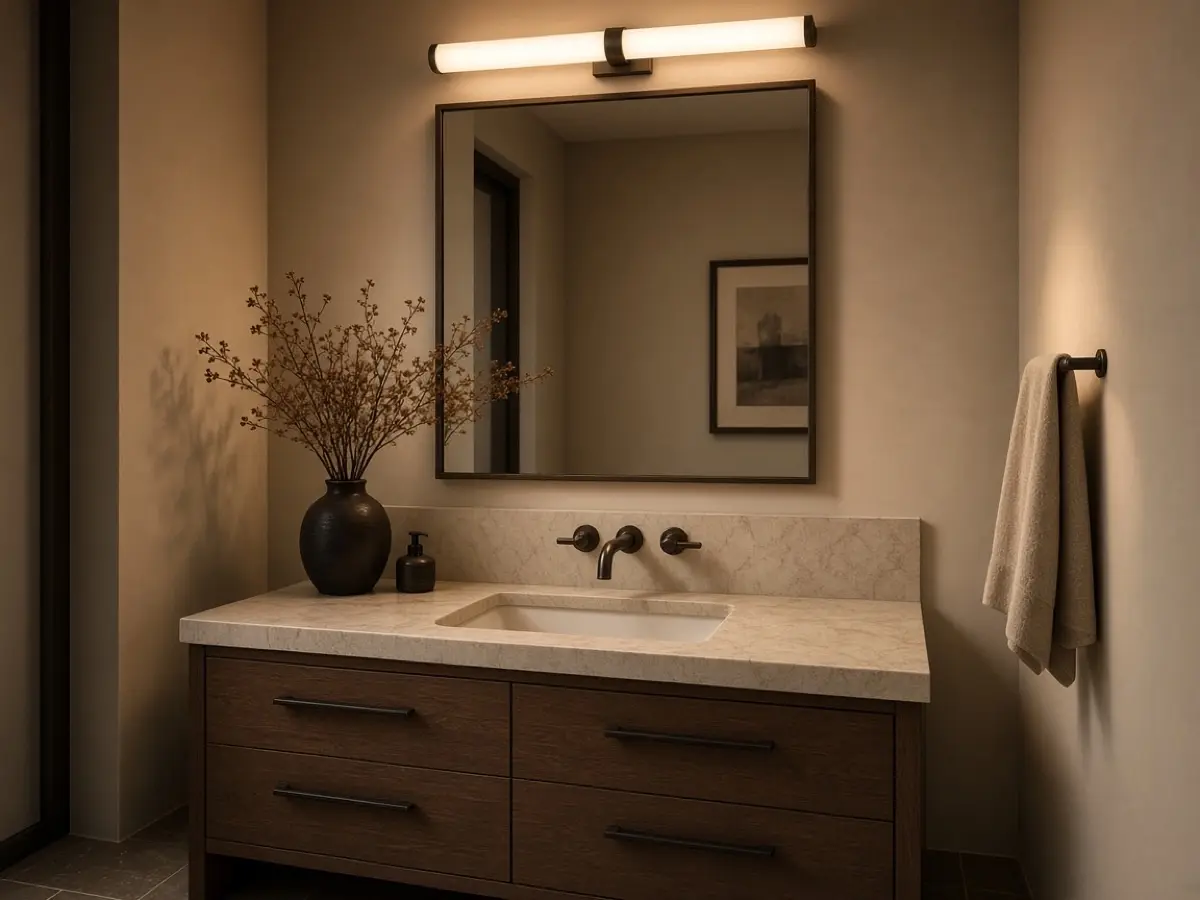 A powder room mirror with warm light from a bar above the glass