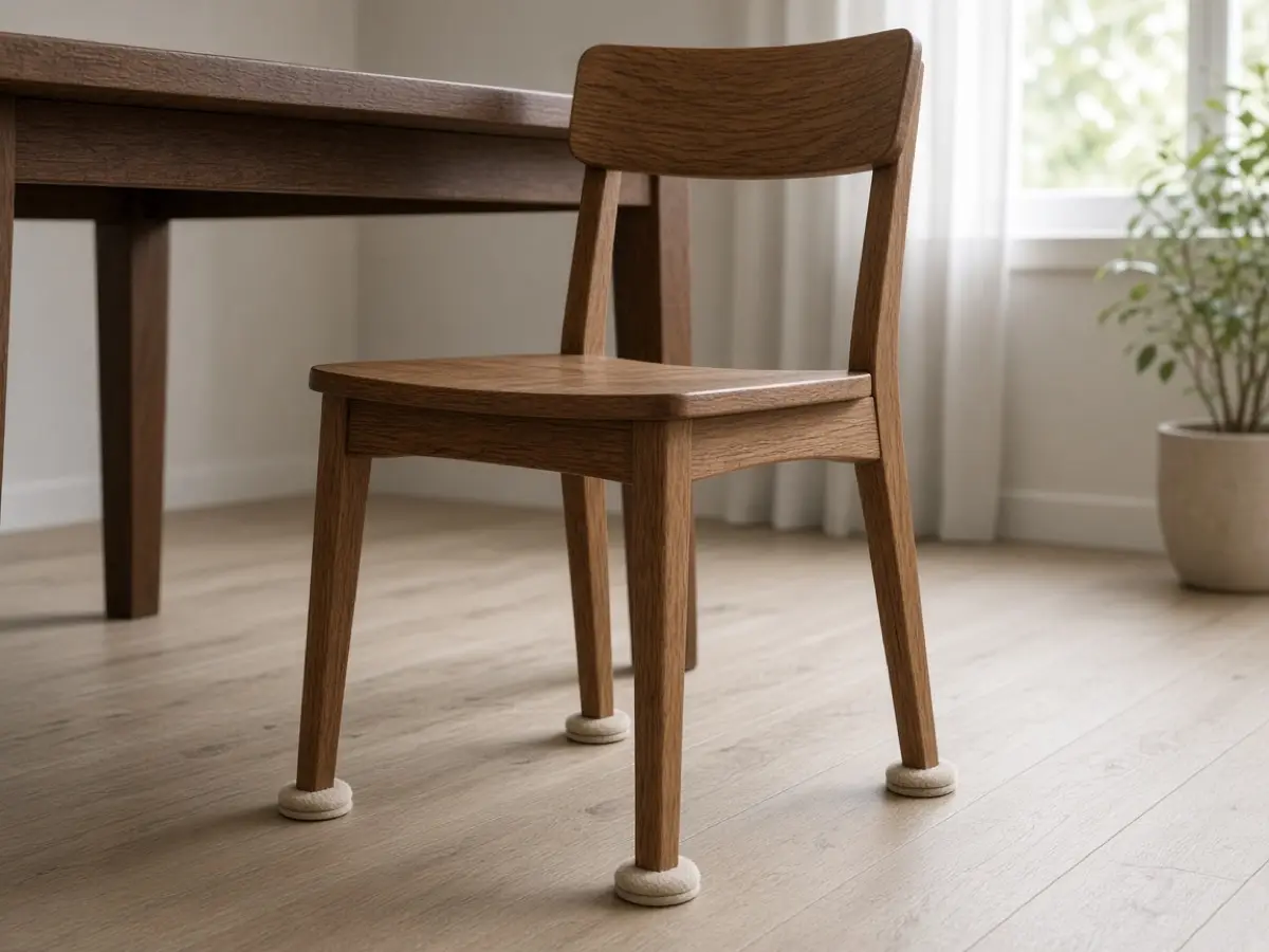 Felt pads on the feet of a wood chair pulled out from a table