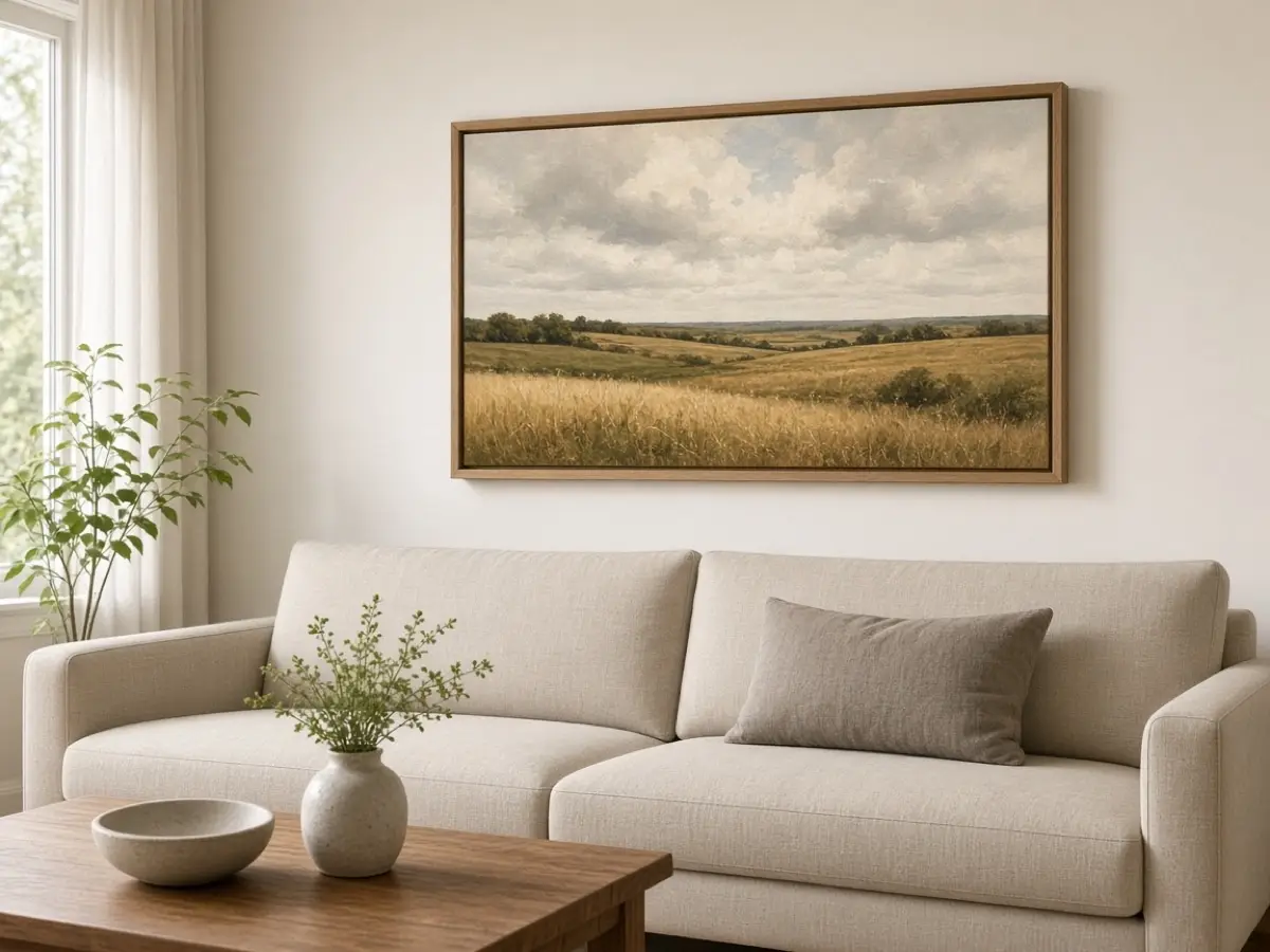 A framed field landscape in wood above a beige sofa