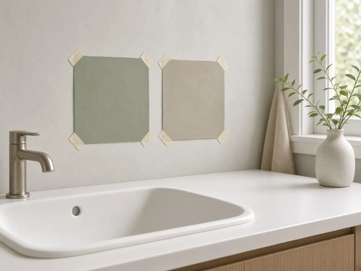 Paint samples taped beside a white sink, judged in real daylight