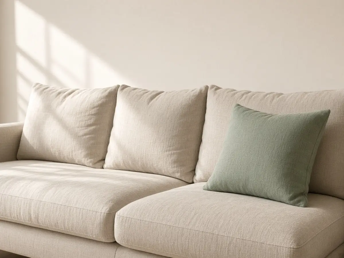 Plump, even oatmeal sofa cushions in afternoon light after the seats were flipped