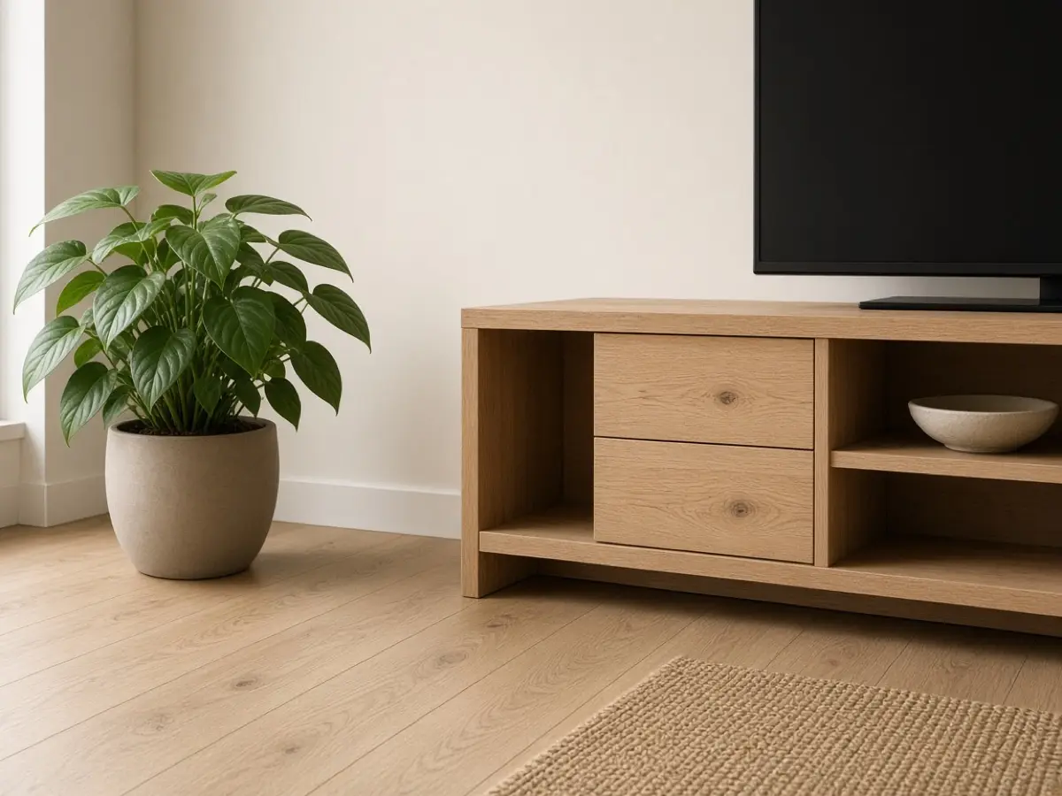 A leafy plant in a clay pot on the floor beside a clear TV console