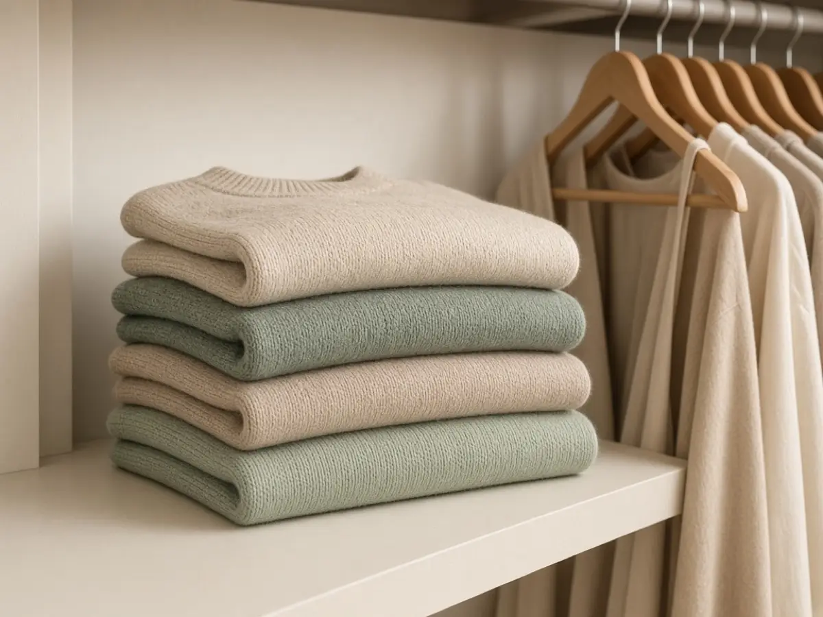 Folded sweaters stacked on a closet shelf beside wooden hangers