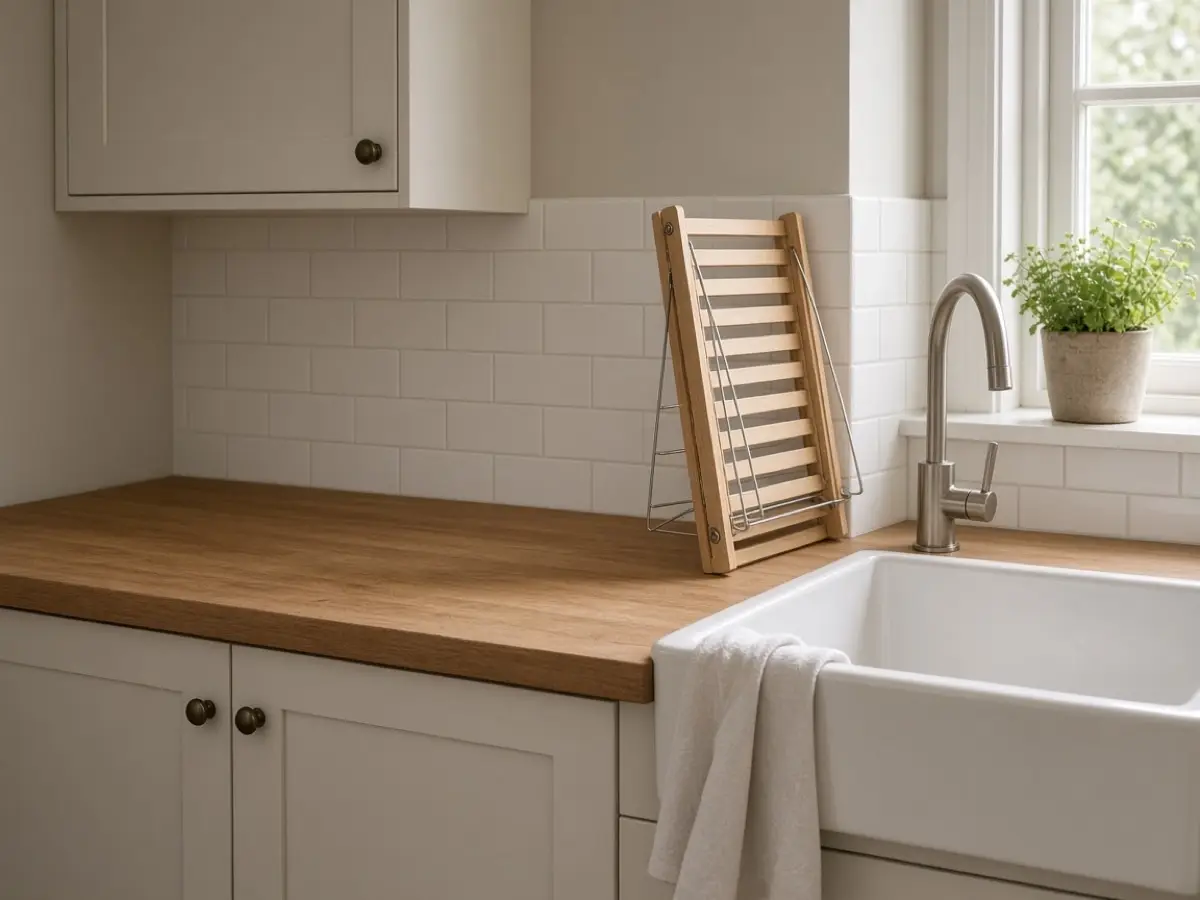 A folded dish rack stored upright beside the sink, counter clear