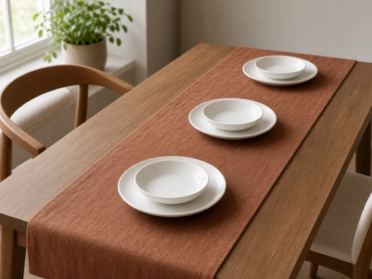 A rust linen runner down a wood dining table with plain white plates
