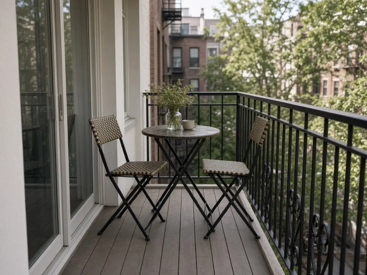 A small folding bistro table and two chairs on a narrow balcony