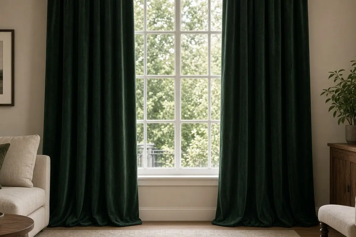 Forest green curtains framing a window in a beige room