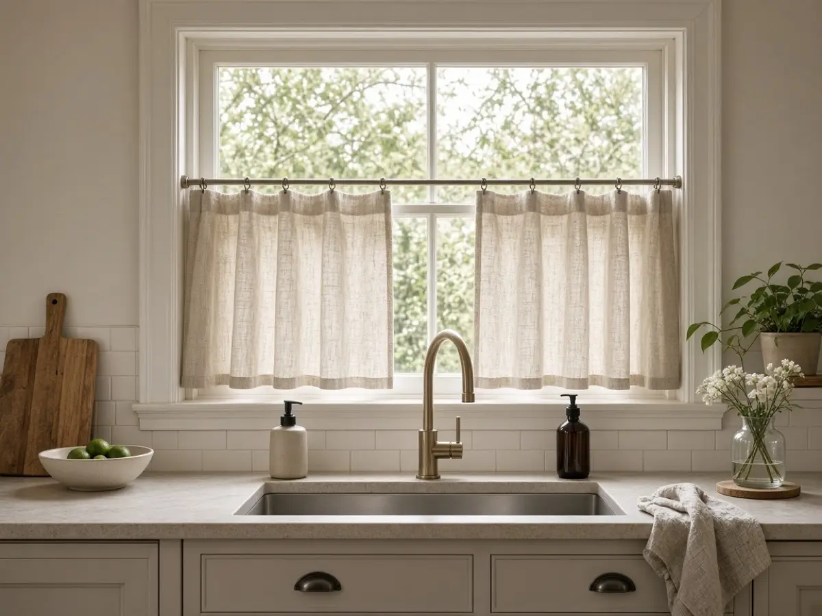 A kitchen window with thicker wood casing and a short cafe curtain over the sink